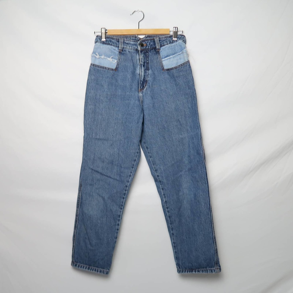 ZARA Trafaluc medium and light blue two tone wash denim mom jeans 4